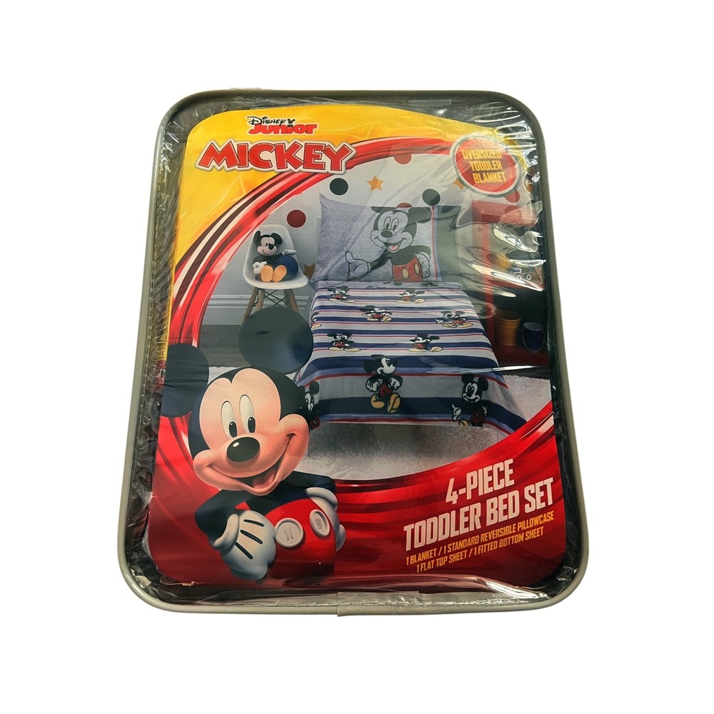 Disney Junior Mickey Mouse 4 Piece Toddler Bed Set Blanket Sheets Pillowcase New